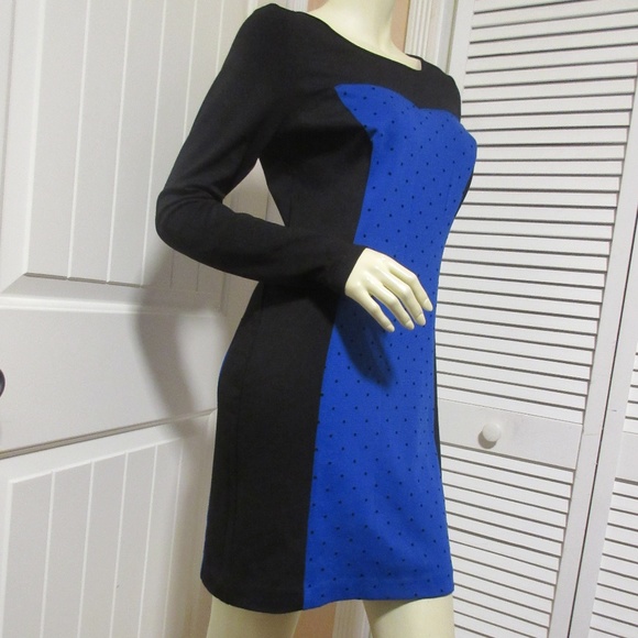 NWT Y2K Kensie Sheath Bodycon Dress S Long Sleeve Color Block Blue Black Retro - Picture 5 of 8